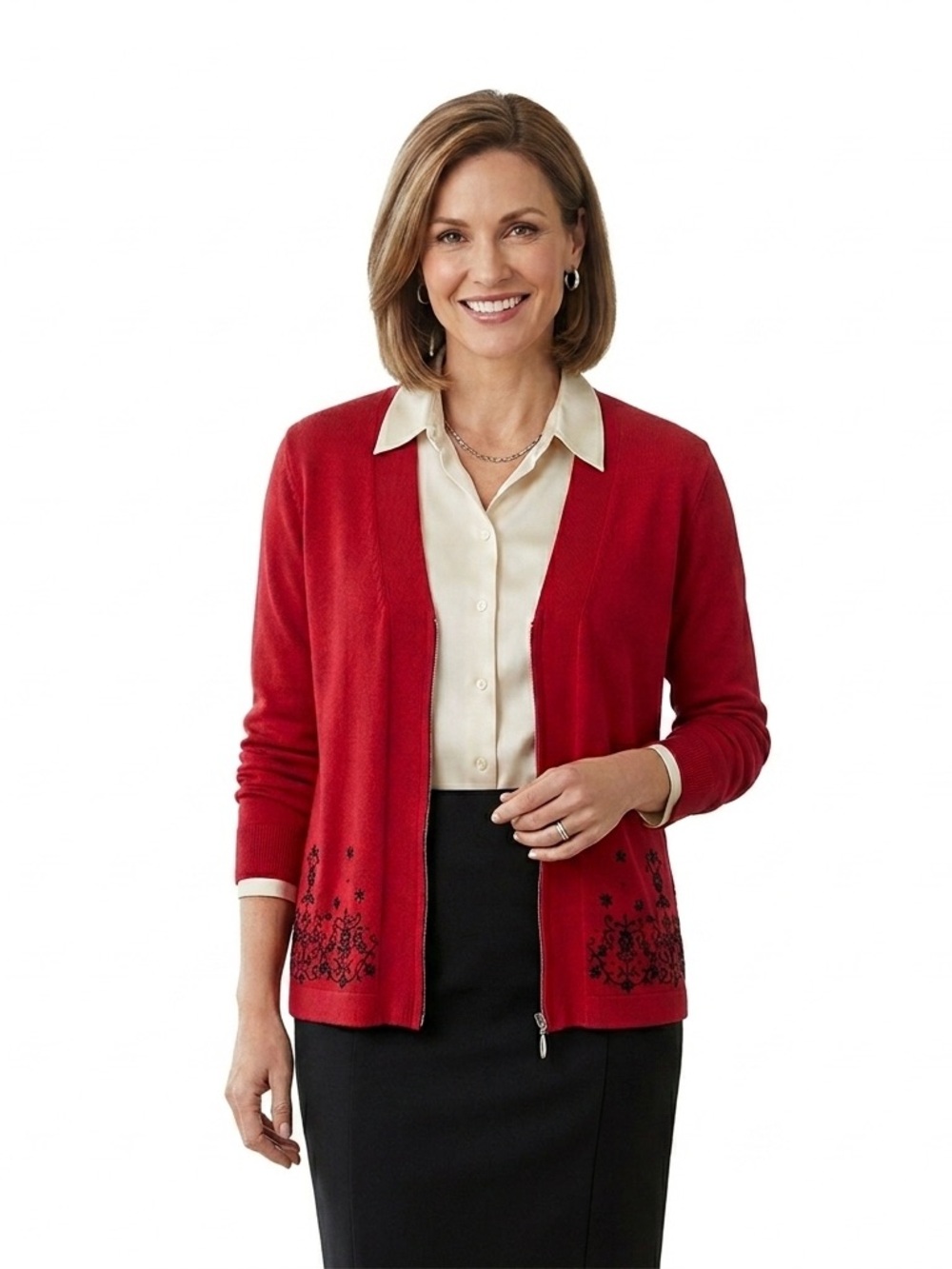 Dressbarn Petite Red Zip Front Cardigan Sweater PM Embroidered Beaded Floral